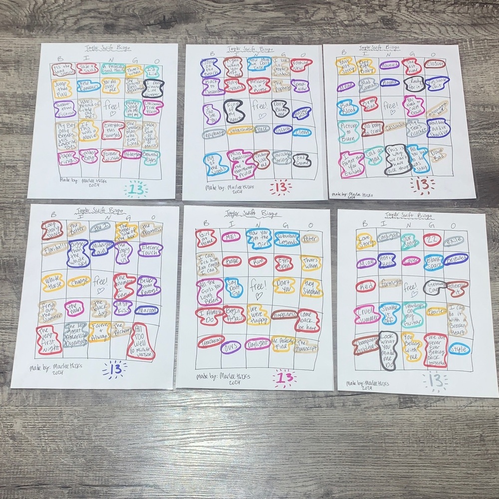 Handmade Taylor Swift Bingo Sheets - Set of 6